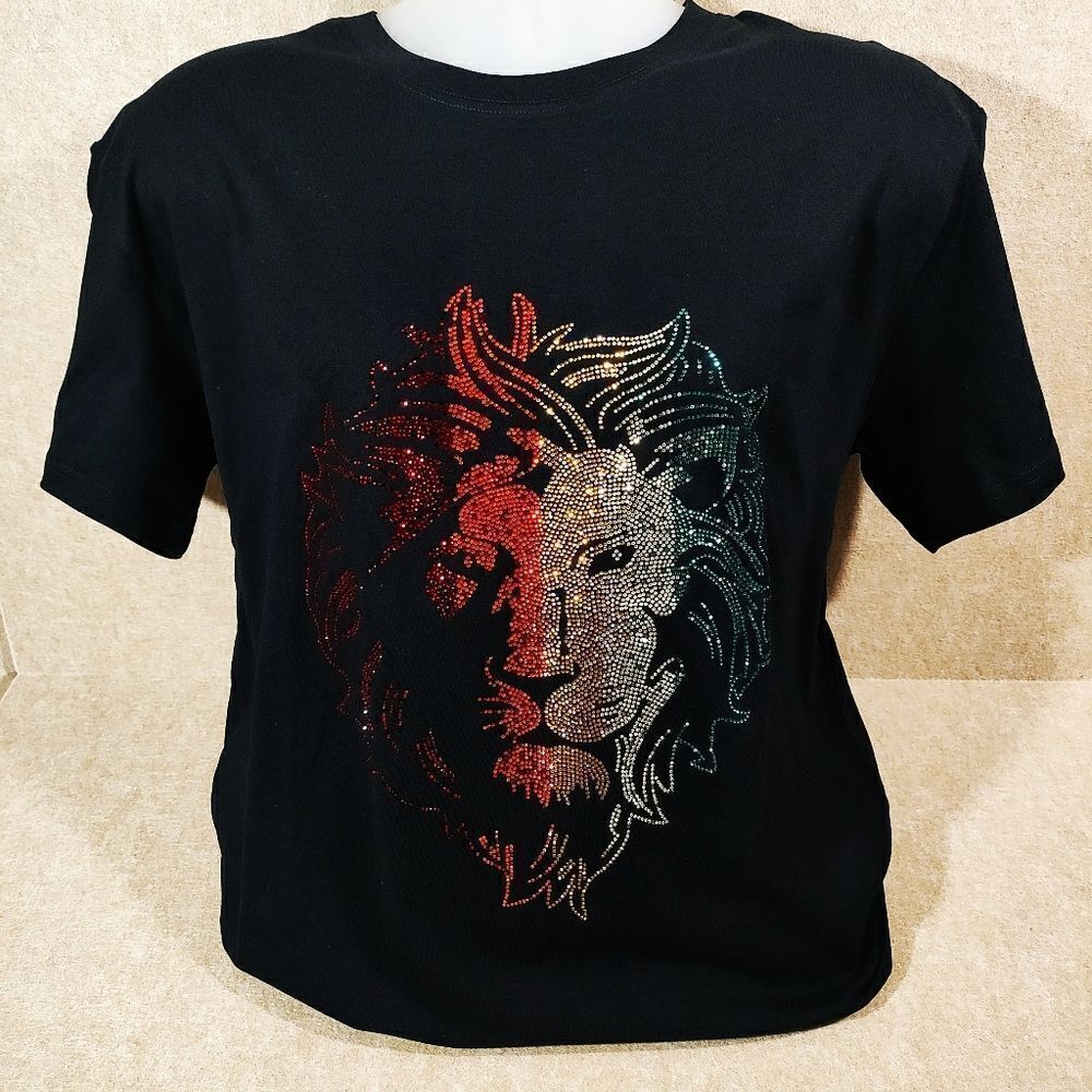 Leo Lion Bling Rhinestone Short Sleeve T-shirt -B